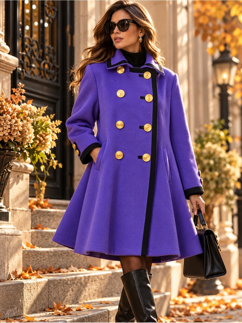 Louis Féraud Purple Wool Double Breasted Overcoat Gold Buttons Knee Length Sz 10